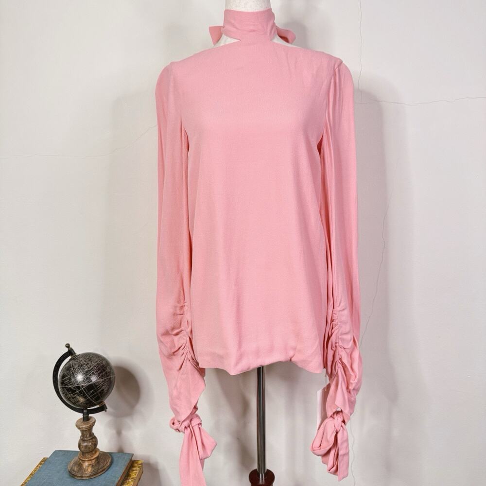 Rosetta Getty Pink Tie-Neck Ruched Sleeve Top Size 4 NWT Modern Romantic